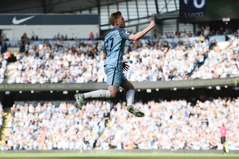 Kevin De Bruyne ăn mừng bàn thắng mở tỷ số cho Man City. (Nguồn: AFP)