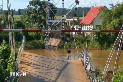 Cầu treo Tà Lài bị sập hoàn toàn. (Ảnh: Sỹ Tuyên/TTXVN)