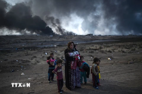 Người dân Iraq sơ tán khỏi khu vực chiến sự ở Mosul tới Qayyarah, phía nam Mosul ngày 29/10. (Nguồn: AFP/ TTXVN)