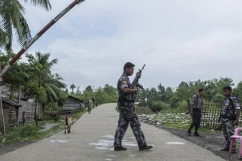 Một lính biên phòng Myanmar tuần tra lối ra vào làng Maungdaw, bang Rakhine, ngày 10/10. (Nguồn: AFP)