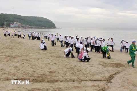 Thanh niên, học sinh dọn dẹp vệ sinh tại bãi biển Đồ Sơn. (Ảnh: Thế Duyệt/TTXVN)