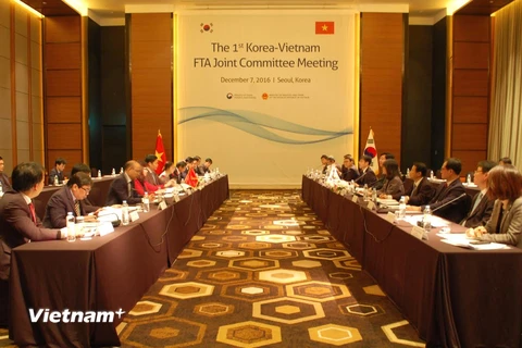 Quang cảnh kỳ họp lần thứ nhất Ủy ban hỗn hợp thực thi Hiệp định Thương mại tự do Việt Nam-Hàn Quốc. (Nguồn: Vũ Toàn-Phạm Duy/Vietnam+)