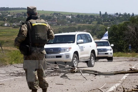 Các thành viên OSCE làm nhiệm vụ tại làng Shyrokyne thuộc khu vực Donetsk ở miền đông Ukraine. (Nguồn: AFP/TTXVN)