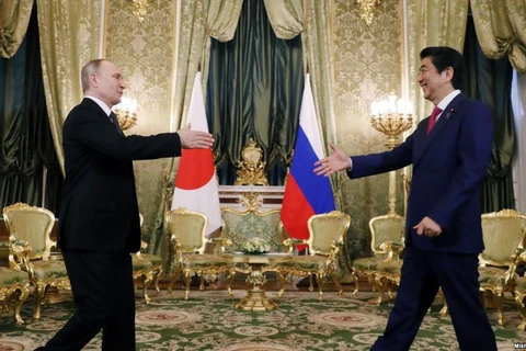 Tổng thống Nga Vladimir Putin (trái) tiếp Thủ tướng Nhật Bản Shinzo Abe. (Nguồn: TASS)