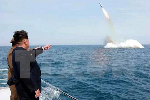 Nhà lãnh đạo Triều Tiên Kim Jong-un thị sát một vụ phóng thử tên lửa từ tàu ngầm. (Nguồn: Reuters/TTXVN)
