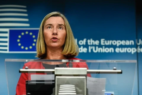 Đại diện cấp cao về chính sách an ninh và đối ngoại của EU Federica Mogherini trong cuộc họp báo ở Brussels, Bỉ. (Nguồn: AFP/TTXVN)