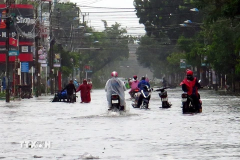 Nhiều tuyến đường tại thành phố Tuy Hòa bị ngập. (Ảnh: Thế Lập/TTXVN)