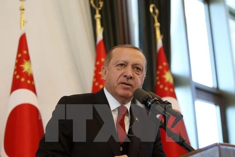 Tổng thống Thổ Nhĩ Kỳ Recep Tayyip Erdogan phát biểu tại Ankara ngày 12/10. (Nguồn: THX/TTXVN)