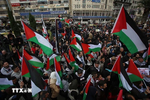 Người dân Palestine biểu tình tại Nablus, khu Bờ Tây ngày 7/12. (Nguồn: THX/TTXVN)