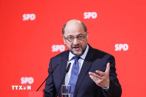 Lãnh đạo đảng SPD Martin Schulz phát biểu tại cuộc họp báo ở Berlin ngày 15/12. (Nguồn: THX/TTXVN)