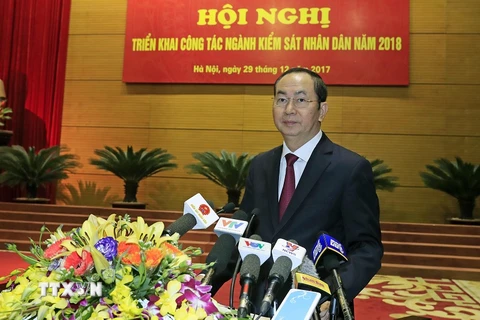 Chủ tịch nước Trần Đại Quang phát biểu chỉ đạo hội nghị. (Ảnh: Nhan Sáng/TTXVN)