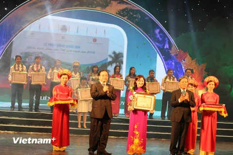 Phó Thủ tướng Hoàng Trung Hải và Bộ trưởng Tài nguyên-Môi trường Nguyễn Minh Quang trao kỷ niệm chương cho các tập thể điển hình tiên tiến. (Ảnh: Hùng Võ/Vietnam+)