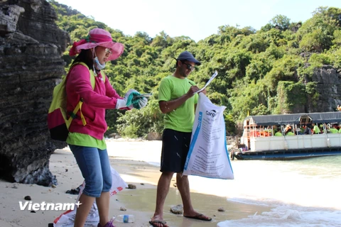 Tình nguyện viên thu gom rác trên các đảo Vịnh Hạ Long. (Ảnh: Hùng Võ/Vietnam+)