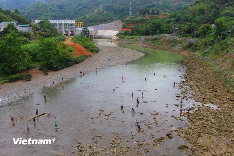 Người dân đổ xô xuống sông Gâm bắt cá ngay trước cửa xả nhà máy thủy điện Bảo Lâm 1. (Ảnh: Hùng Võ/Vietnam+)
