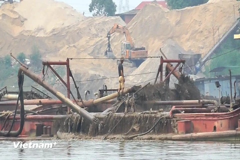 Lợi dụng “tấm bùa” nạo vét, doanh nghiệp đã ngang nhiên sử dụng tàu hút cát công suất lớn để “rút ruột” lòng sông Hồng. (Ảnh: PV/Vietnam+)