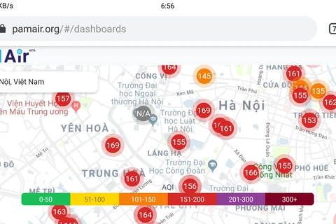 Số liệu quan trắc chất lượng không khí trên ứng dụng online Pam Air, tại Hà Nội trong sáng 24/9. (Ảnh: Chụp màn hình)