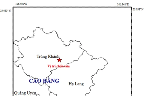 Bản đồ Tâm chấn động đất tại huyện Trùng Khánh, tỉnh Cao Bằng. (Nguồn ảnh: Viện VLĐC)