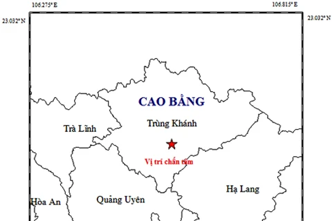 Bản đồ tâm chấn động đất xảy ra tại huyện Trùng Khánh, tỉnh Cao Bằng. (Nguồn: Viện VLĐC)