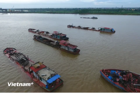 Hoạt động khai thác cát trên sông Hồng đoạn chảy qua địa bàn thành phố Hưng Yên. (Ảnh: PV/Vietnam+)