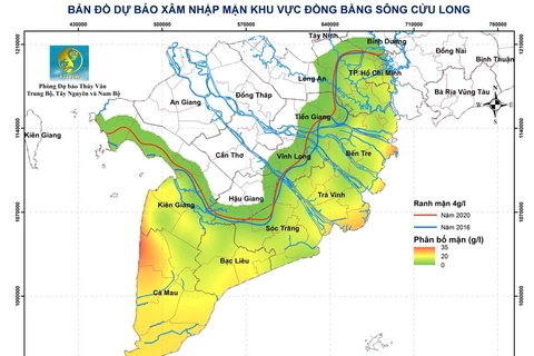 Bản đồ dự báo xâm nhập mặn khu vực Đồng bằng sông Cửu Long. (Nguồn: Trung tâm DBKTTVQG)