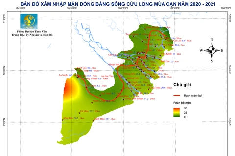 Bản đồ dự báo xâm nhập mặn khu vực Đồng bằng sông Cửu Long. (Nguồn: KTTV)