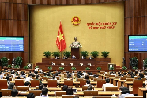 95,59% tổng số đại biểu Quốc hội biểu quyết thông qua việc điều chỉnh chương trình kỳ họp thứ nhất Quốc hội khoá XV. (Ảnh: Dương GiangT/TXVN)