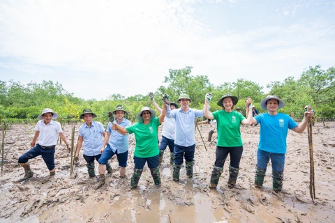 Đoàn công tác của UNDP do bà Kanni Wignaraja làm trưởng đoàn và lãnh đạo tỉnh Thanh Hóa trồng rừng ngập mặn tại thôn xã Đa Lộc, huyện Hậu Lộc. (Nguồn: Hùng Võ/Vietnam+)