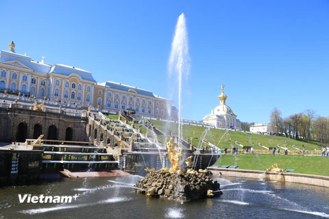 Cung điện mùa Hè (Peterhof) là quần thể kiến trúc lộng lẫy với 7 công viên, 20 lâu đài và tiền sảnh, 140 đài phun nước đặc biệt. (Ảnh: Hùng Võ/Vietnam+)