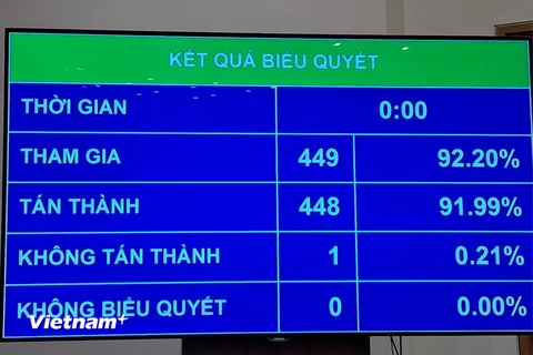 Các đại biểu Quốc hội biểu quyết thông qua Nghị quyết về việc thành lập Đoàn giám sát chuyên đề của Quốc hội năm 2025. (Ảnh: Hùng Võ/Vietnam+)