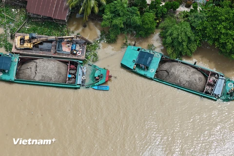 Nhiều tàu cát tập kết tại khu vực giáp ranh giữa tỉnh Tiền Giang và Vĩnh Long. (Ảnh: Hoài Nam/Vietnam+)