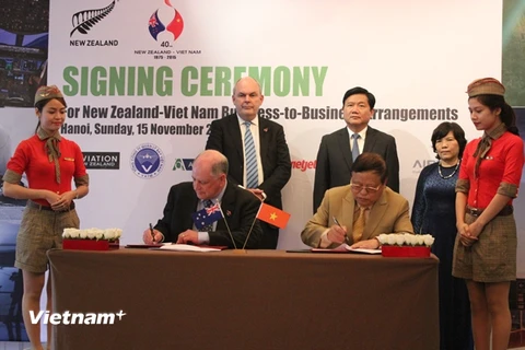 Biên bản ghi nhớ hợp tác giữa Vietjet Air và Hiệp hội Hàng không New Zealand. (Ảnh: Việt Hùng/Vietnam+)