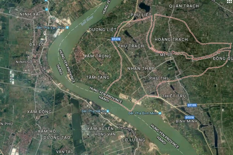 Hà Nội muốn xây cầu Mễ Sở vượt sông Hồng nối thủ đô và tỉnh Hưng Yên. (Ảnh: GoogleMap)
