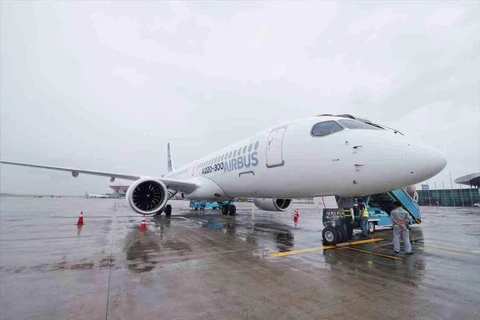 Máy bay Airbus A220-300 hạ cánh tại sân bay Nội Bài. (Ảnh: Việt Hùng/Vietnam+)