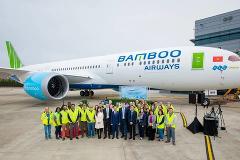 Bamboo Airways chính thức tiếp nhận chiếc máy bay thân rộng Boeing 787-9 Dreamliner đầu tiên. (Ảnh: CTV/Vietnam+)
