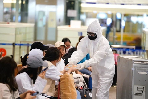 Nhân viên sân bay Nội Bài phục vụ suất ăn miễn phí cho hành khách chờ khai báo y tế, lấy mẫu xét nghiệm để phòng chống COVID-19. (Ảnh: CTV/Vietnam+)