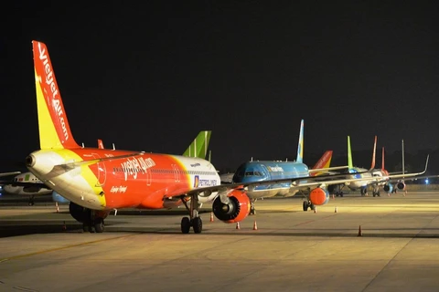 Máy bay xếp hàng dài đắp chiếu tại sân bay Nội Bài. (Ảnh: Hoàng Anh/Vietnam+)