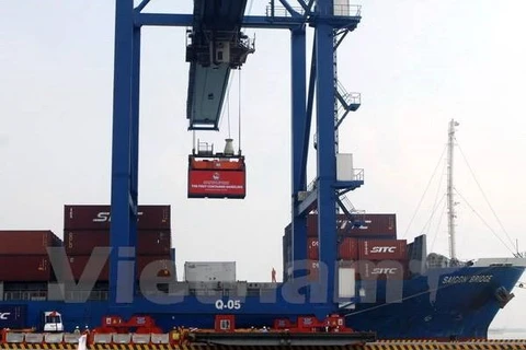 Đón chuyến hàng của hãng tàu SITC cập vào Cảng Tân cảng Hiệp Phước. (Ảnh: Hoàng Hải/Vietnam+)