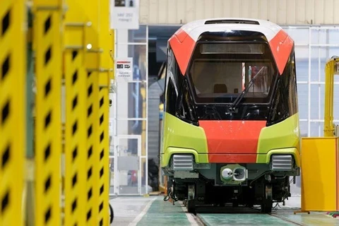 Đoàn tàu đường sắt đô thị Nhổn-ga Hà Nội đã được ra mắt tại nhà máy lắp ráp của Tập đoàn Alstom. (Ảnh: Ban Quản lý dự án đường sắt đô thị Hà Nội cung cấp)