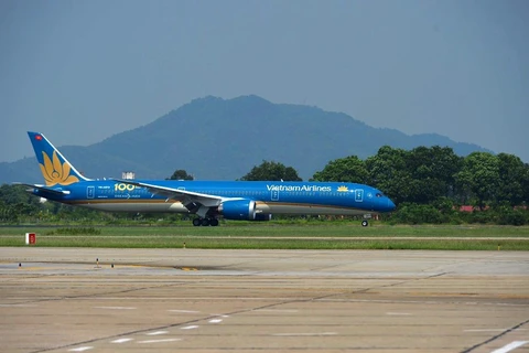 Máy bay của hãng hàng không Vietnam Airlines hạ cánh tại một sân bay. (Ảnh: Việt Hùng/Vietnam+)