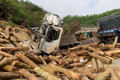 Hiện trường vụ tai nạn giao thông xe tải chở gỗ keo đâm vào ta luy đường làm 7 người tử vong ở Thanh Hóa. (Ảnh: CTV/Vietnam+)