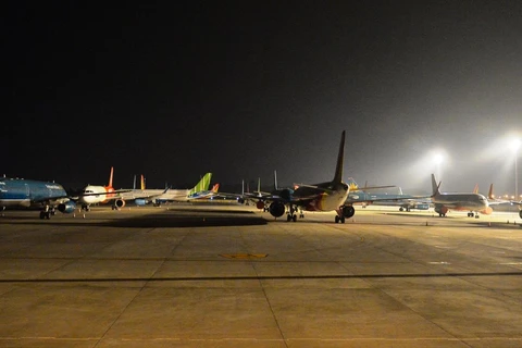 Máy bay của các hãng hàng không tạm dừng hoạt động nằm la liệt tại sân bay Nội Bài. (Ảnh: CTV/Vietnam+)