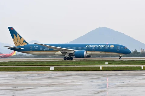 Máy bay Boeing 787-9 của hãng hàng không Vietnam Airlines đưa công dân Việt Nam từ Romania về nước đã hạ cánh xuống sân bay Nội Bài. (Ảnh: CTV/Vietnam+)