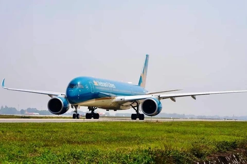 Máy bay Boeing 787-9 của hãng hàng không Vietnam Airlines đã đưa công dân Việt Nam từ Romania về nước đã hạ cánh xuống sân bay Nội Bài. (Ảnh: CTV/Vietnam+)