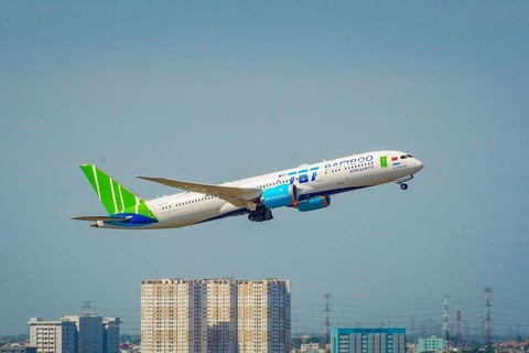 Dòng máy bay thân rộng Boeing 787-9 Dreamliner hiện đại của Bamboo Airways được khai thác đường bay thẳng Hà Nội-London. (Ảnh: CTV/Vietnam+)