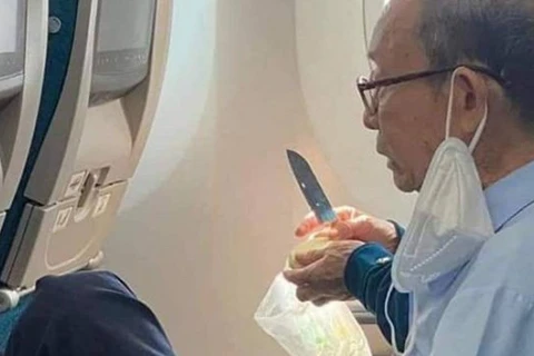 Hình ảnh hành khách mang dao ra gọt hoa quả trên máy bay.