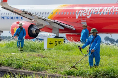 Nhân viên sân bay Nội Bài vẫn căng mình làm việc dưới tiết trời nắng nóng như thiêu đôt. (Ảnh: CTV/Vietnam+)
