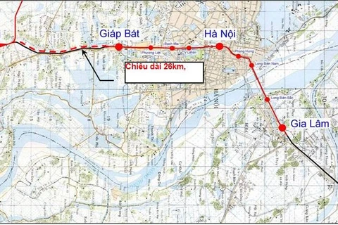 Sơ đồ hướng tuyến đường sắt đô thị số 1 đoạn Yên Viên-Ngọc Hồi. 