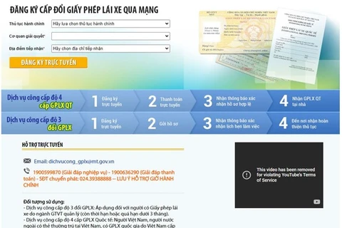 Giao diện trang web chính thức để người dân đăng ký sử dụng Dịch vụ Công trực tuyến để làm thủ tục đổi giấy phép lái xe. (Nguồn: Vietnam+)