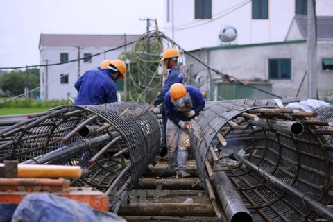 Công nhân làm thi công cọc thép cho hạng mục mố trụ cầu của một dự án đường cao tốc. (Ảnh: PV/Vietnam+)