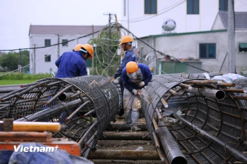 Công nhân thi công lồng sắt cho cọc khoan nhồi tại một dự án cầu đường bộ. (Ảnh: Việt Hùng/Vietnam+)